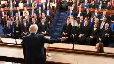 Trump gesturing while speaking to seated members of Congress and Supreme Court justices with his back to the camera